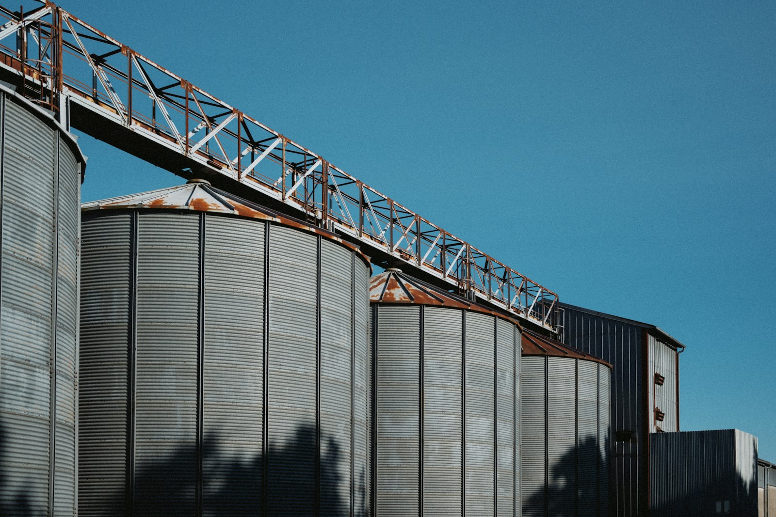 Industrial grain silos against a blue sky